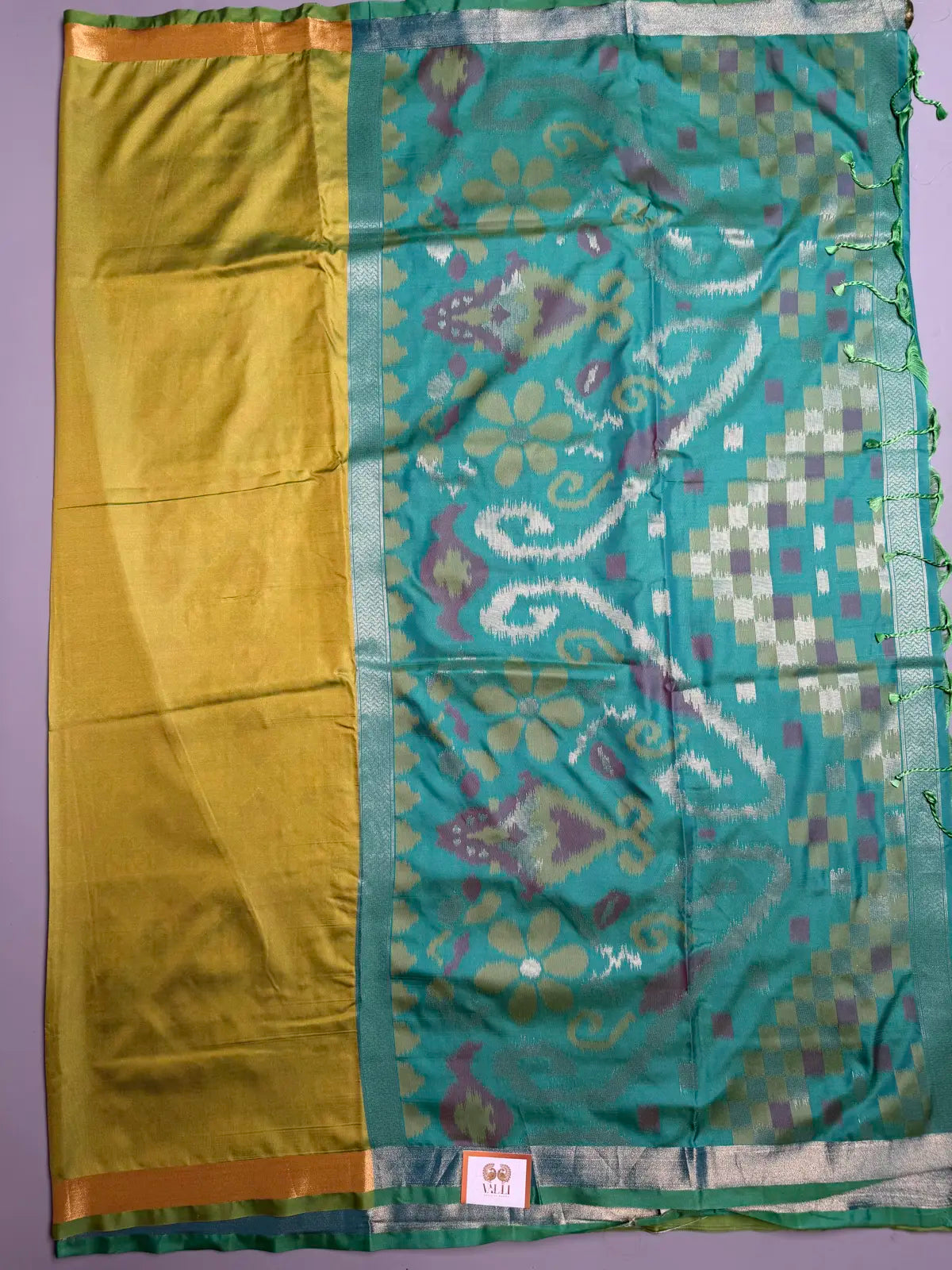Parrot Green Saree with Heavy Ikat Turquoise Pallu & Brocade Ikat Blouse