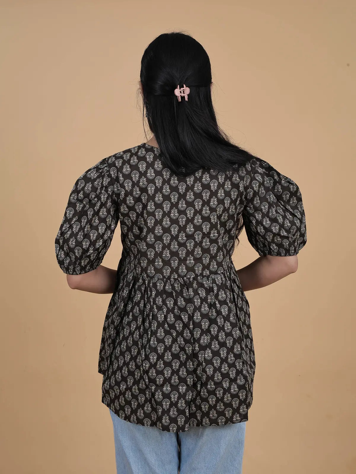 Black Block Print Alia-Cut Short Top Kurti