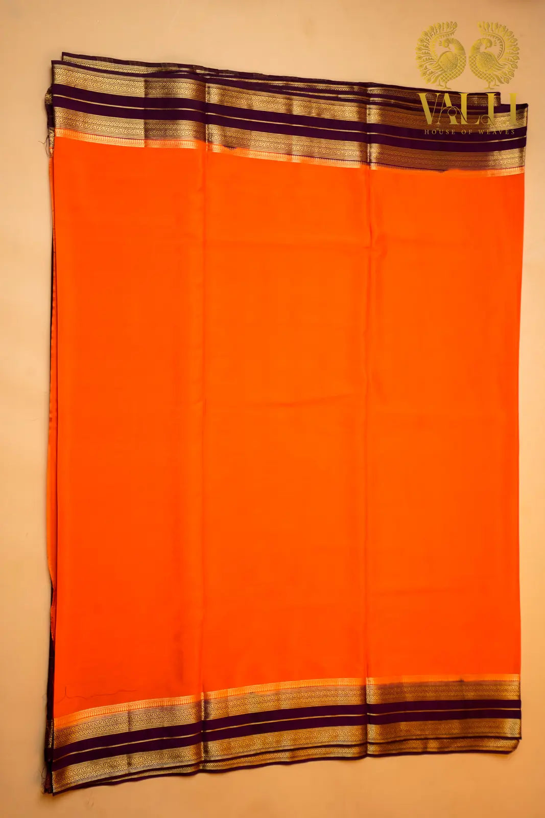 Semi Crepe Silk Orange Saree with Purple Contrast Border & Gold Stripe Pallu