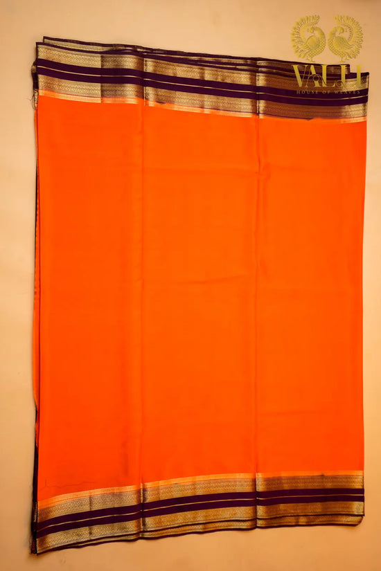 Semi Crepe Silk Orange Saree with Purple Contrast Border & Gold Stripe Pallu