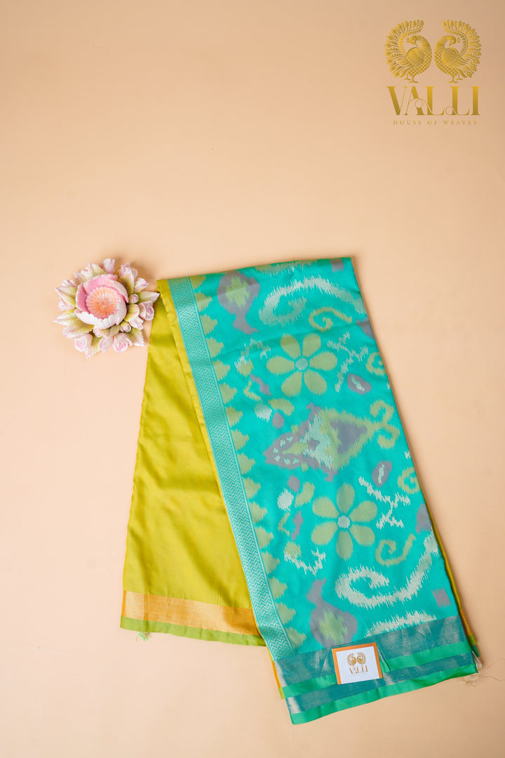 Ikkat Pallu Semi Silk Saree – Yellow Body with Heavy Ikkat Pallu & Pink Brocade Blouse