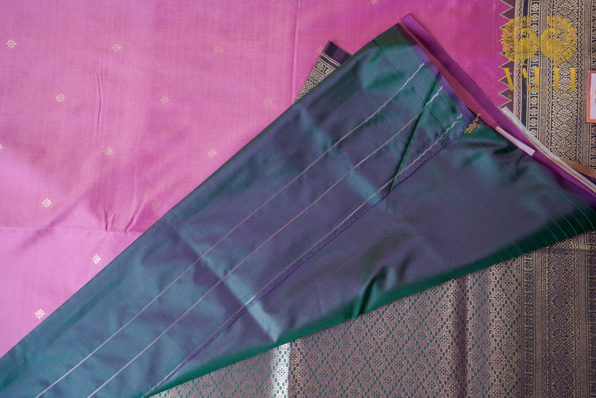 Kanchi Soft Silk Saree – Pastel Onion Pink with Teal Pillayar Katam Border