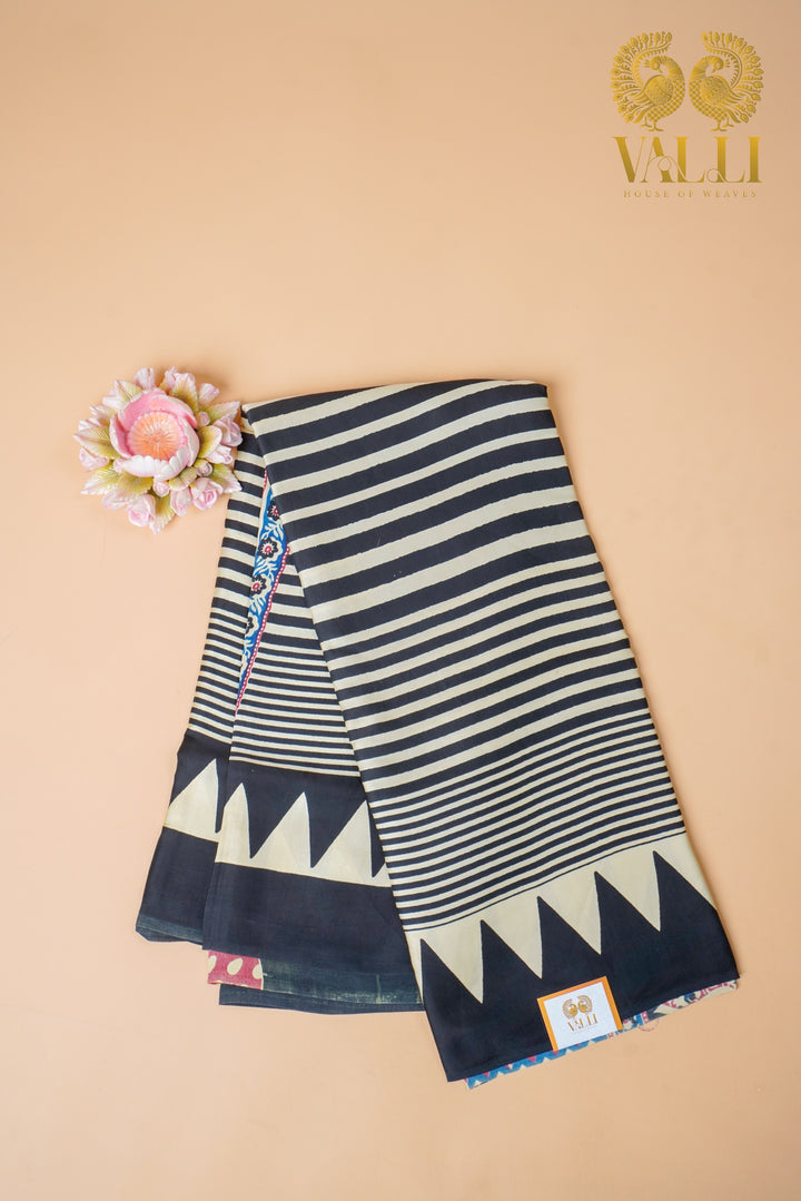 Contemporary black stripes Modal Silk Saree with Ajrakh Elegance