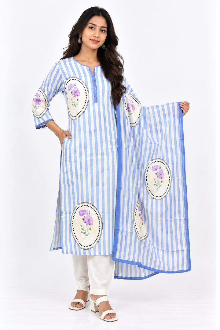 Off-White Cotton Lavender Stripe Salwar Set