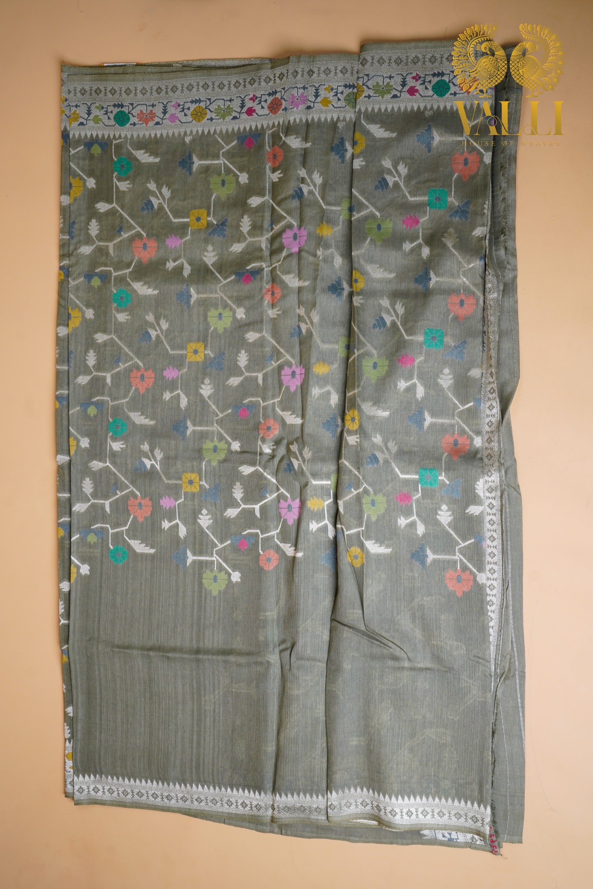 Grey tussar georgette saree with Jaamdani weave