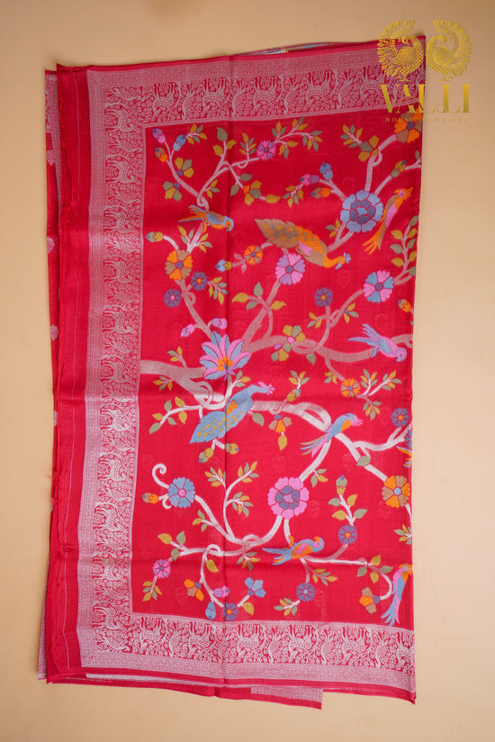 Red Banarasi Tussar Georgette Saree with Shikargah Pallu