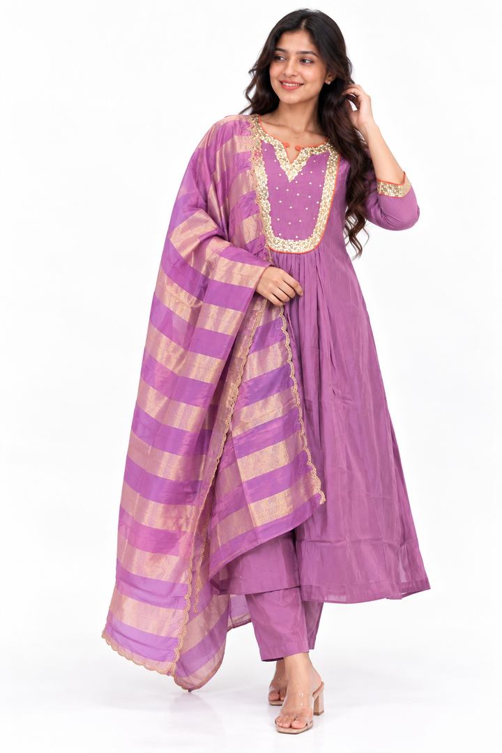 Lavender Silk-Blend Salwar Set with Sequin Work
