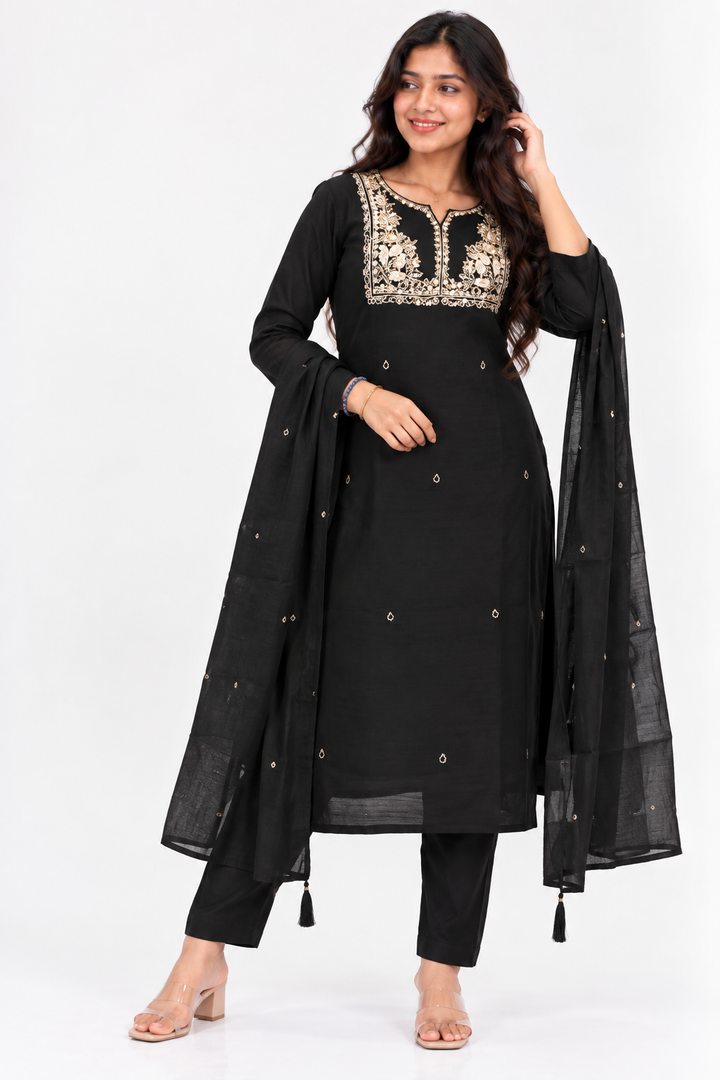 Black Straight-Cut Salwar Set with Crystal Work
