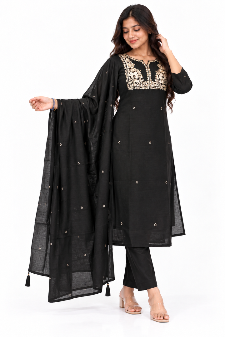 Black Straight-Cut Salwar Set with Crystal Work