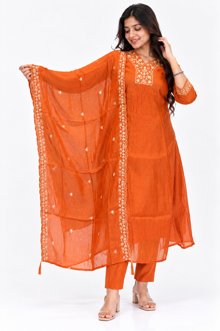 Orange A-Line Salwar Set with V-Neck Embroidery