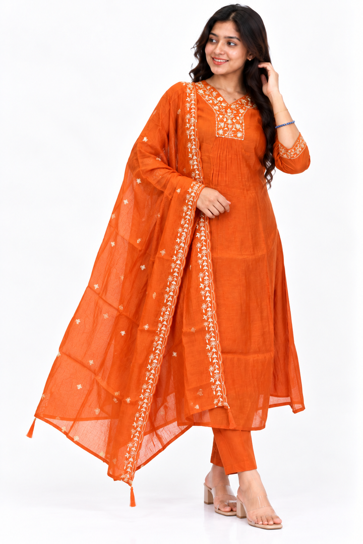 Orange A-Line Salwar Set with V-Neck Embroidery