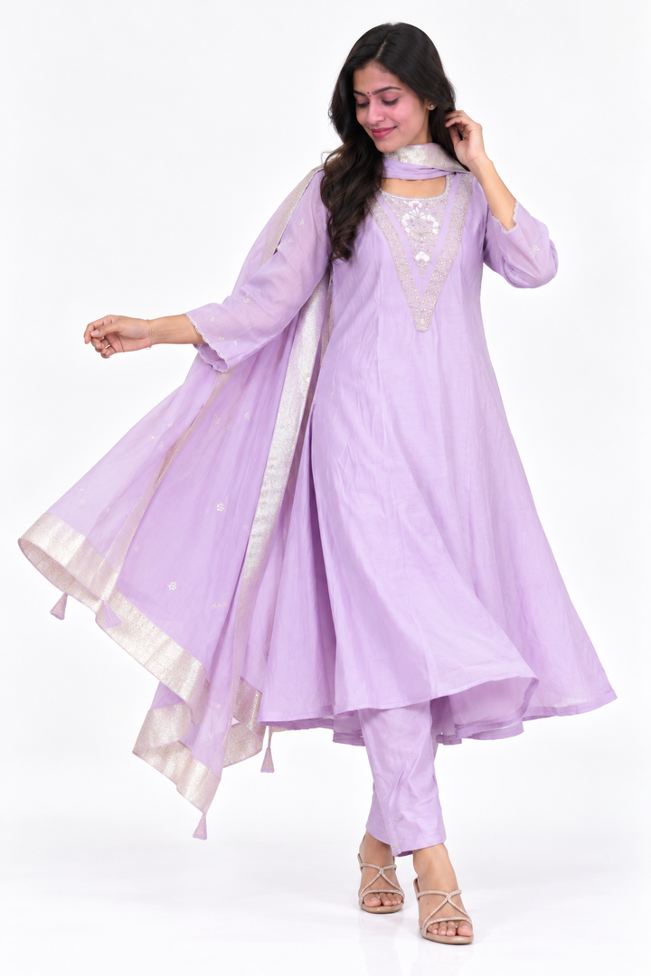 Lilac Orchid A-Line Salwar Set with Organza Dupatta