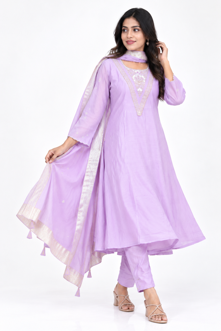 Lilac Orchid A-Line Salwar Set with Organza Dupatta