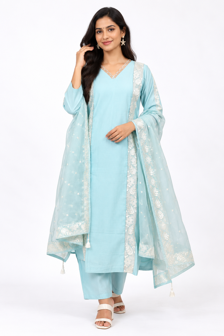 Light Blue Embroidered Buti Salwar Set
