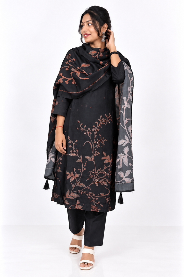 Black Soft Silk Leaf-Motif Salwar Set