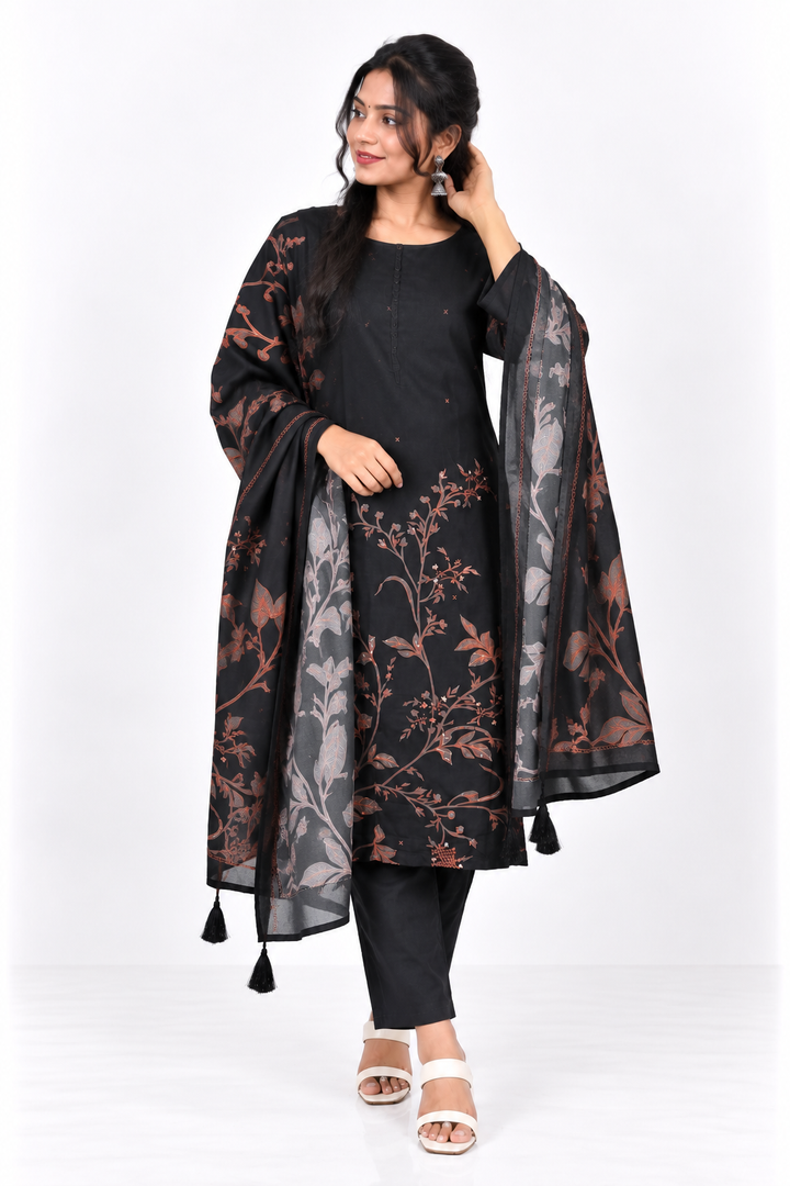 Black Soft Silk Leaf-Motif Salwar Set