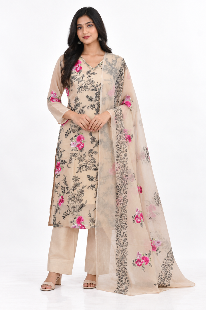 Beige Organza Floral Embroidered Salwar Set