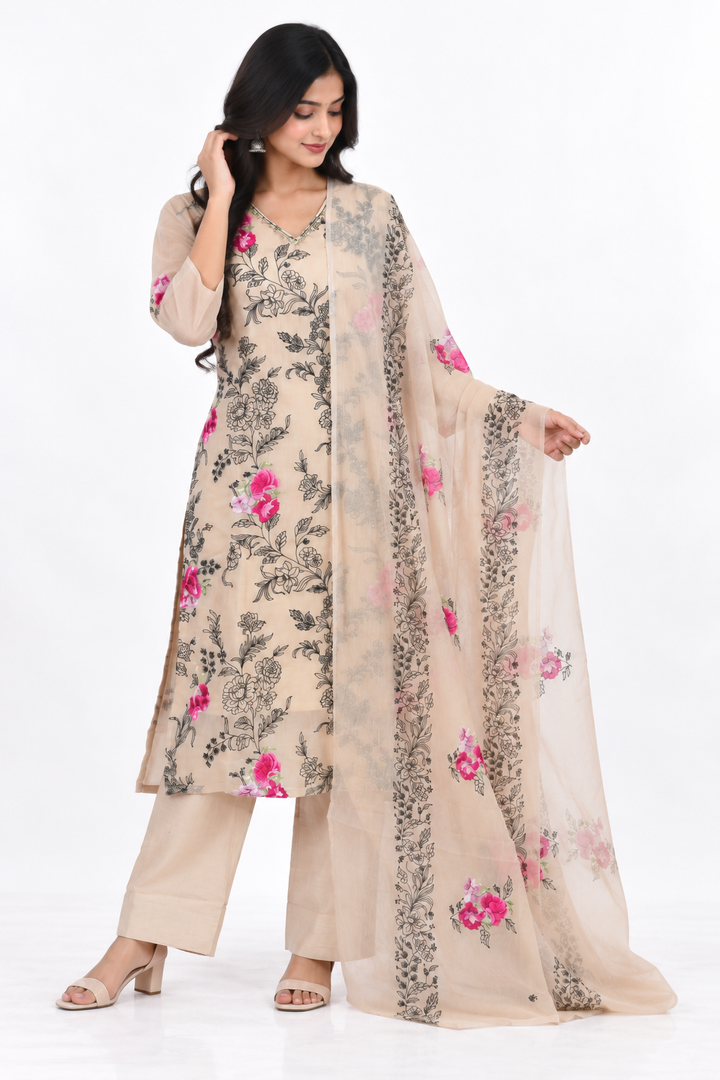 Beige Organza Floral Embroidered Salwar Set