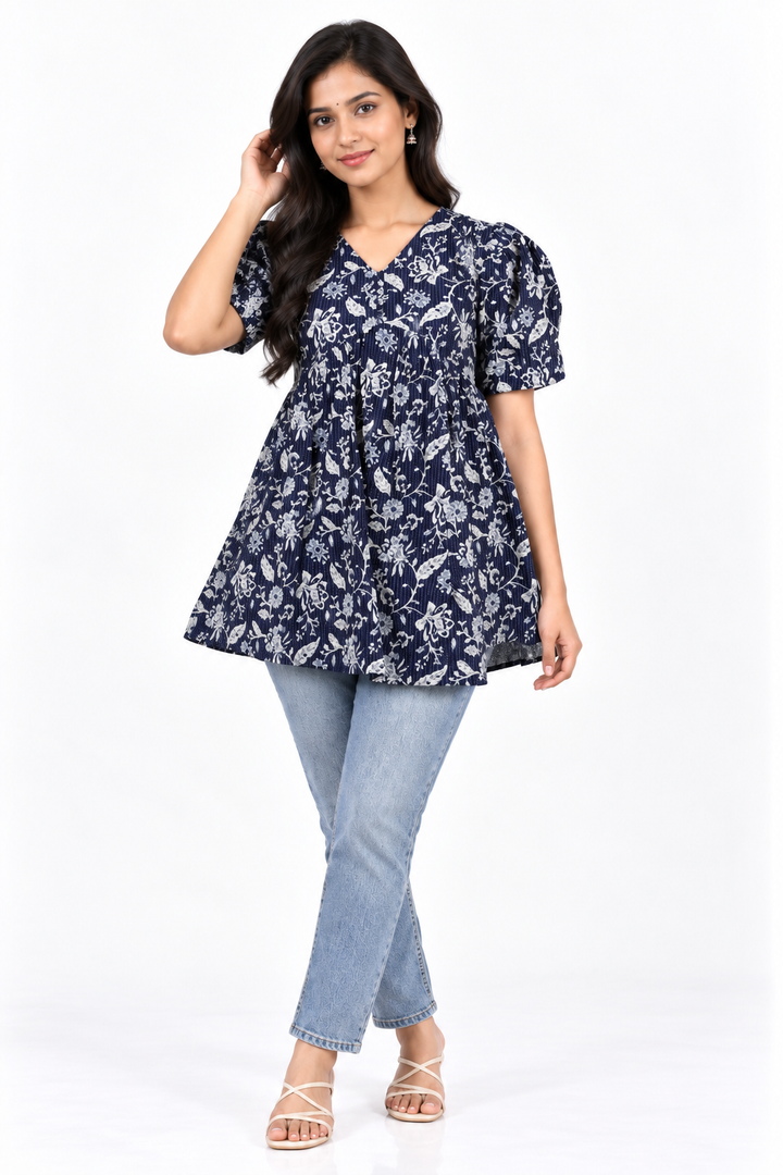 Indigo Printed A-Line Short Kurti