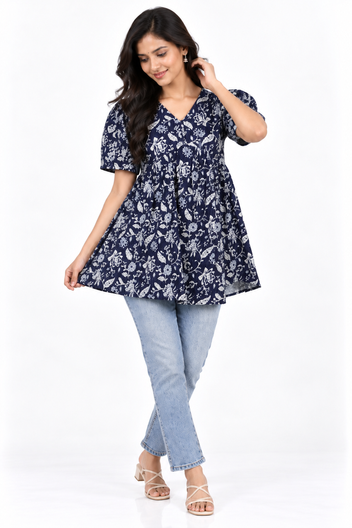 Indigo Printed A-Line Short Kurti