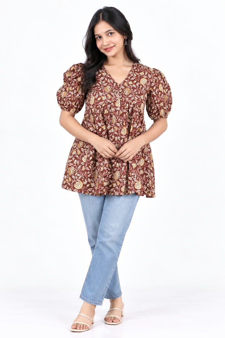 Brown Kalamkari-Print Short Kurti