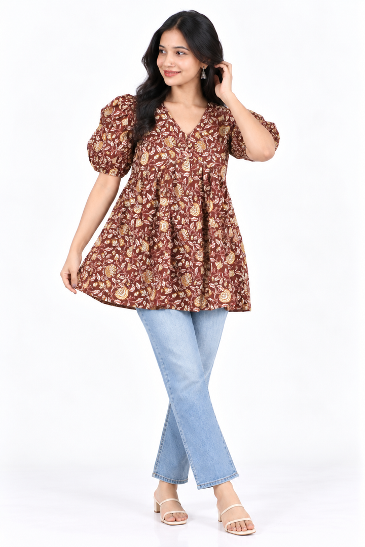 Brown Kalamkari-Print Short Kurti