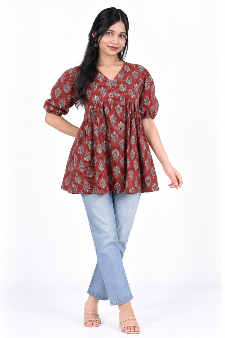 Maroon Printed Alia-Cut Short Kurti