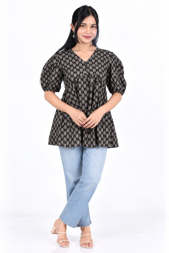 Black Block-Print Alia-Cut Kurti