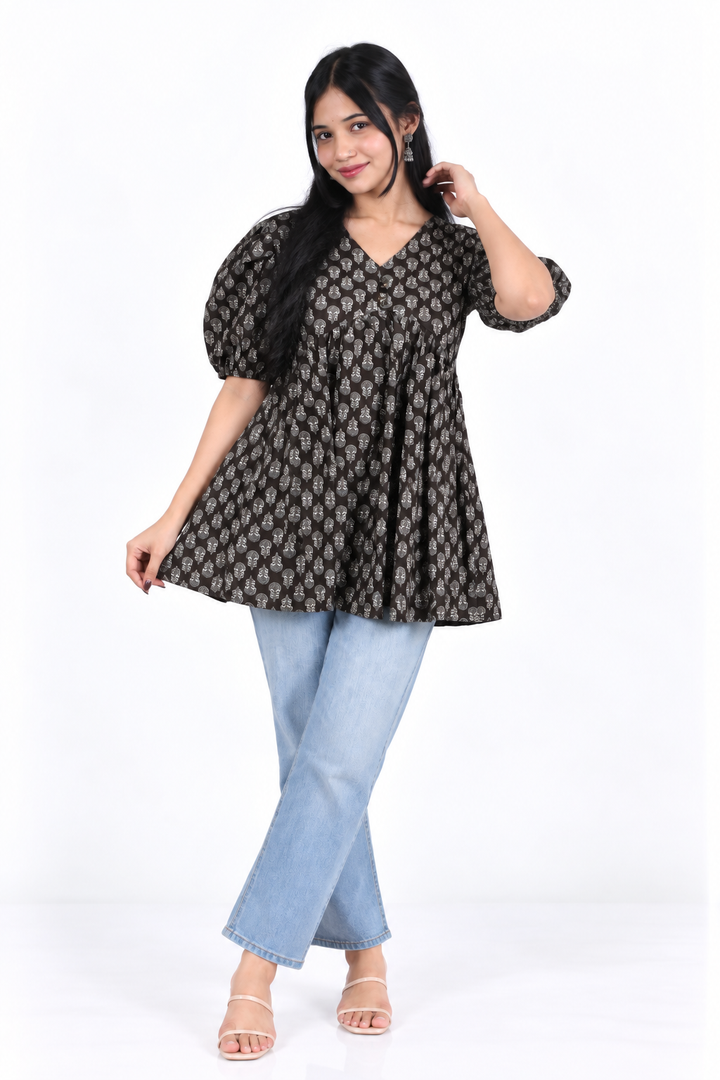 Black Block-Print Alia-Cut Kurti