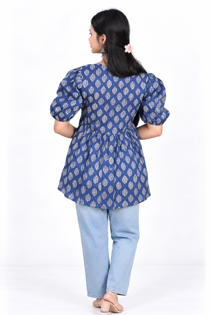 Blue Block-Print Alia-Cut Kurti
