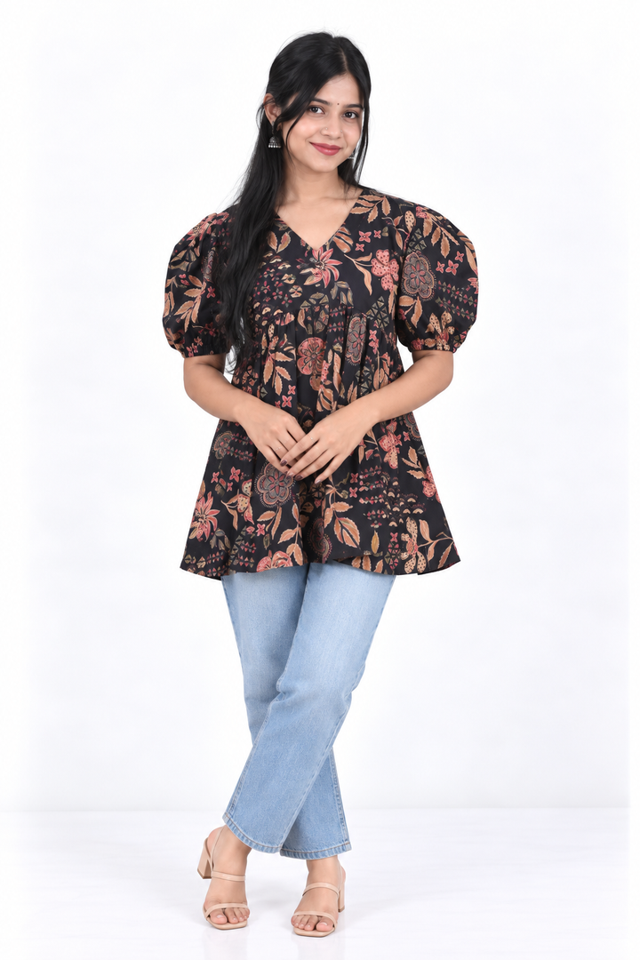 Black Floral Cotton Alia-Cut Kurti