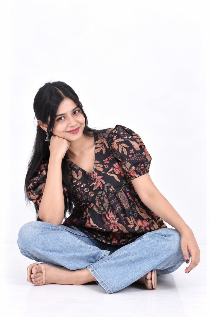 Black Floral Cotton Alia-Cut Kurti