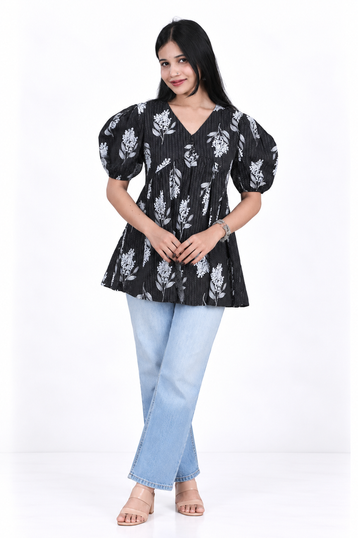 Black Floral Pure Cotton Short Kurti