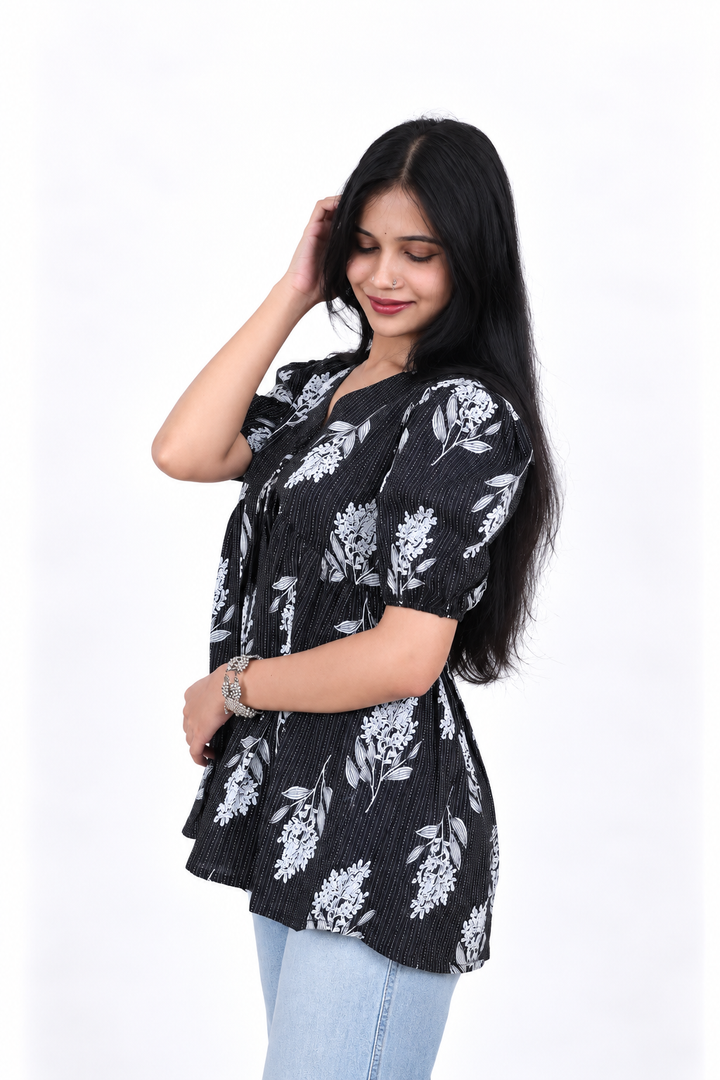 Black Floral Pure Cotton Short Kurti