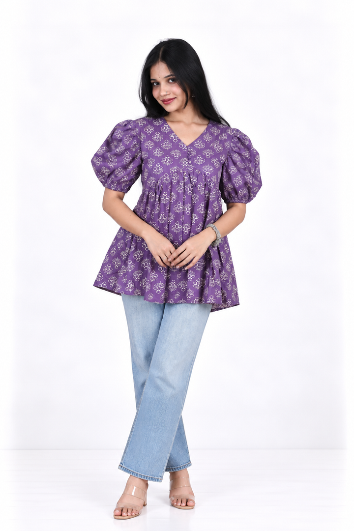 Lavender Cotton Block-Print Alia-Cut Kurti