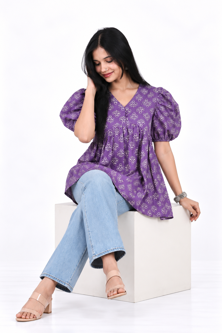Lavender Cotton Block-Print Alia-Cut Kurti
