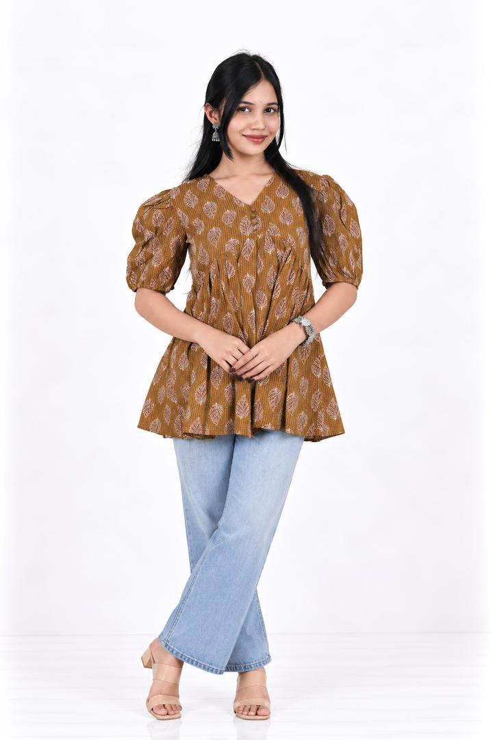 Brown Leaf-Print Cotton Short Kurti