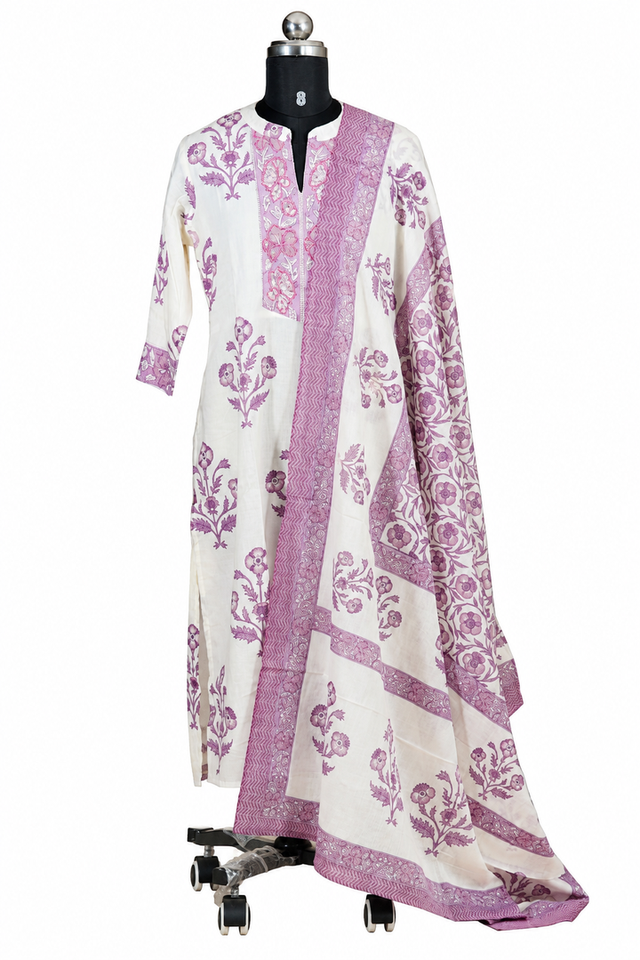 Cream Cotton Purple Floral Salwar Set