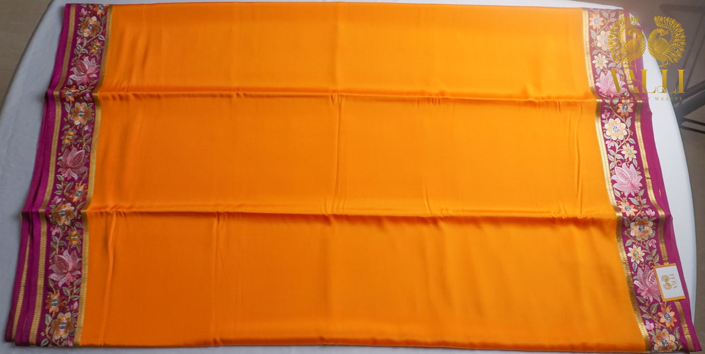 Orange + purple pure crepe silk saree with embroidery