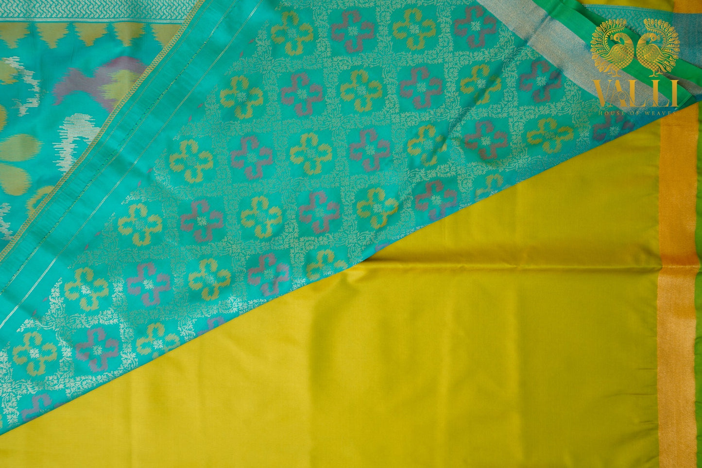 Ikkat Pallu Semi Silk Saree – Yellow Body with Heavy Ikkat Pallu & Pink Brocade Blouse