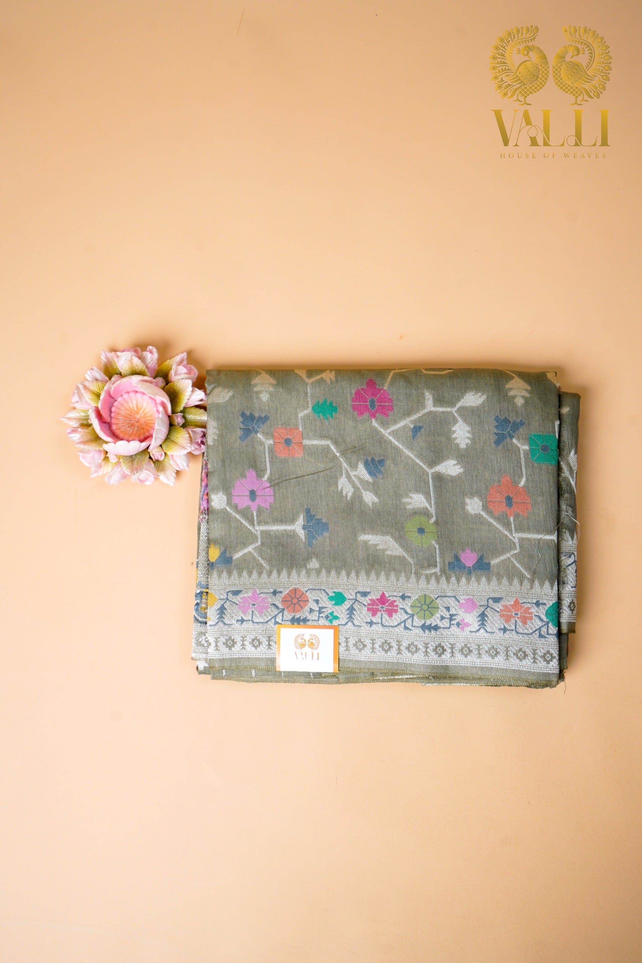 Grey tussar georgette saree with Jaamdani weave