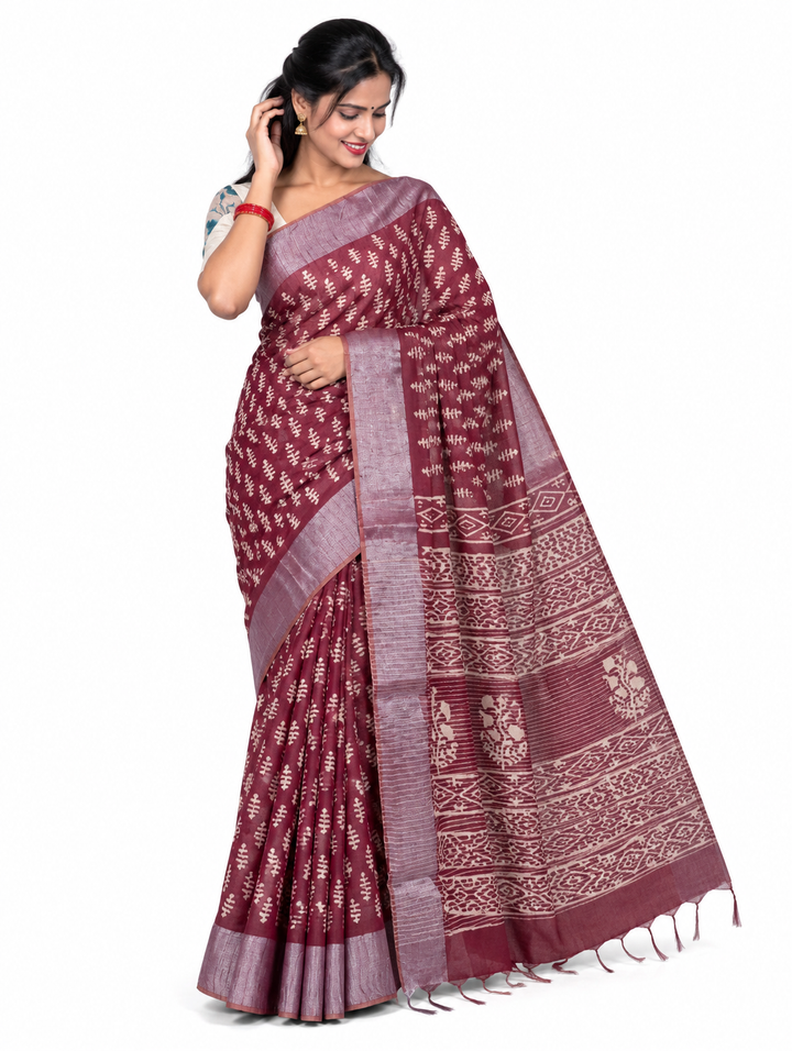 Maroon Cotton Block-Print Saree