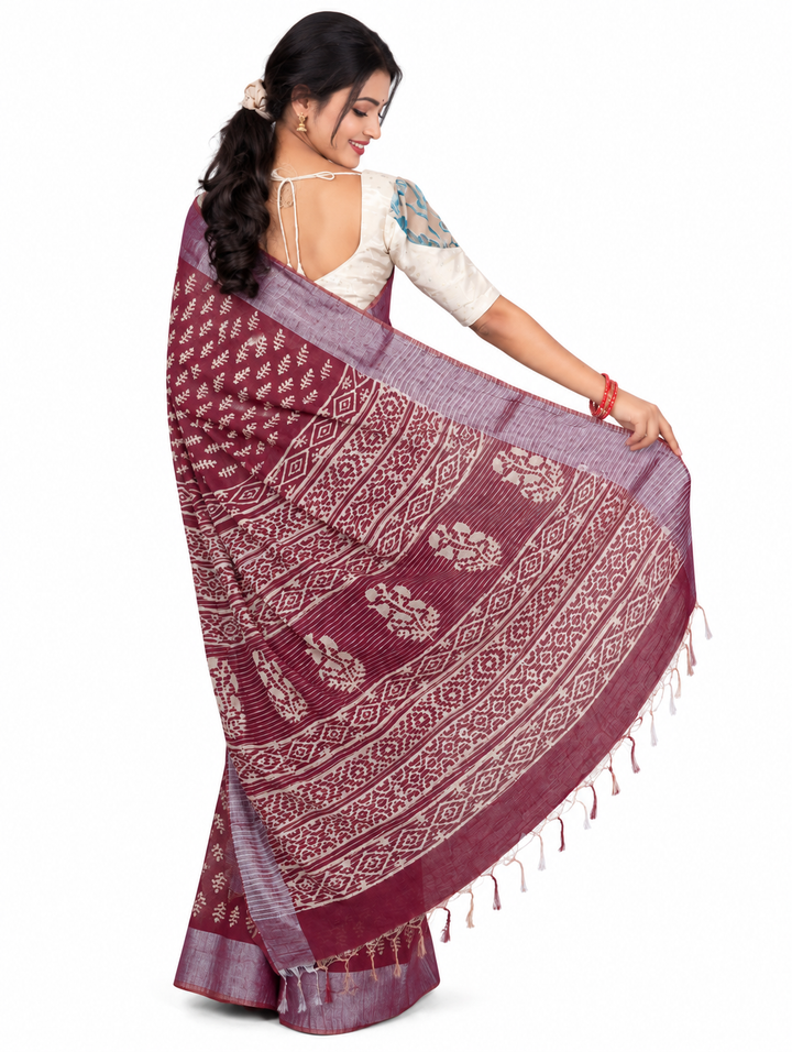 Maroon Cotton Block-Print Saree