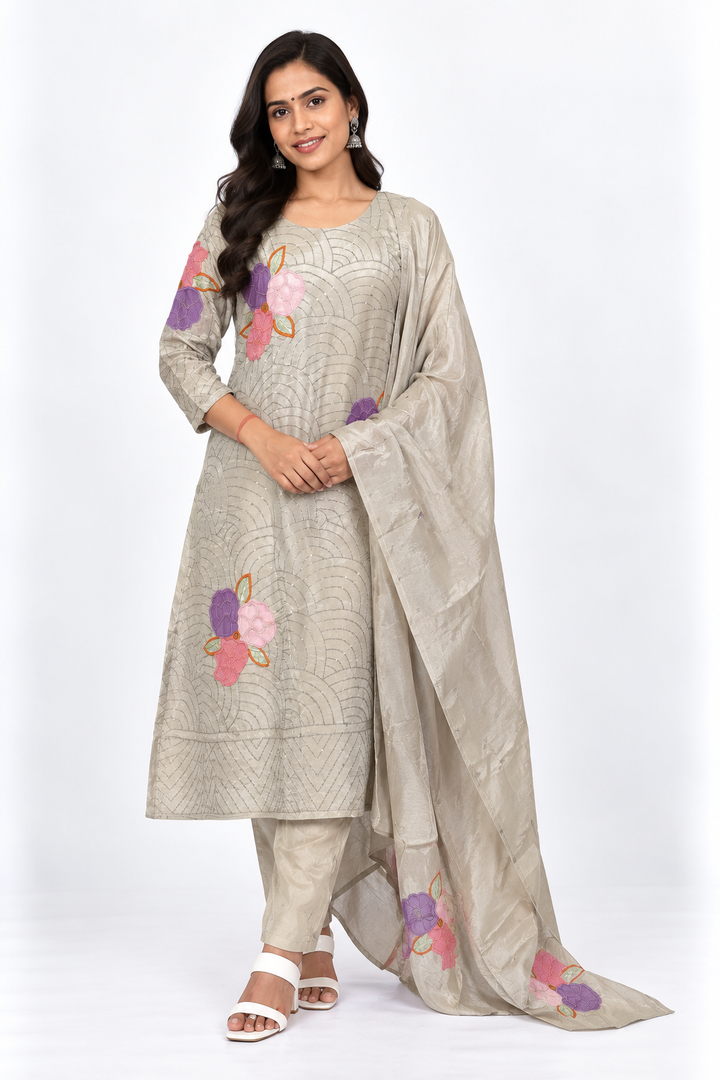 Grey-Green Floral A-Line Salwar Set