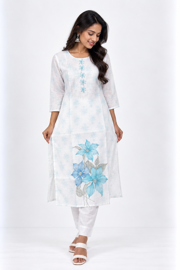White Linen Floral Salwar Set