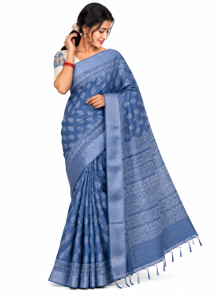 Powder Blue Cotton Block-Print Saree