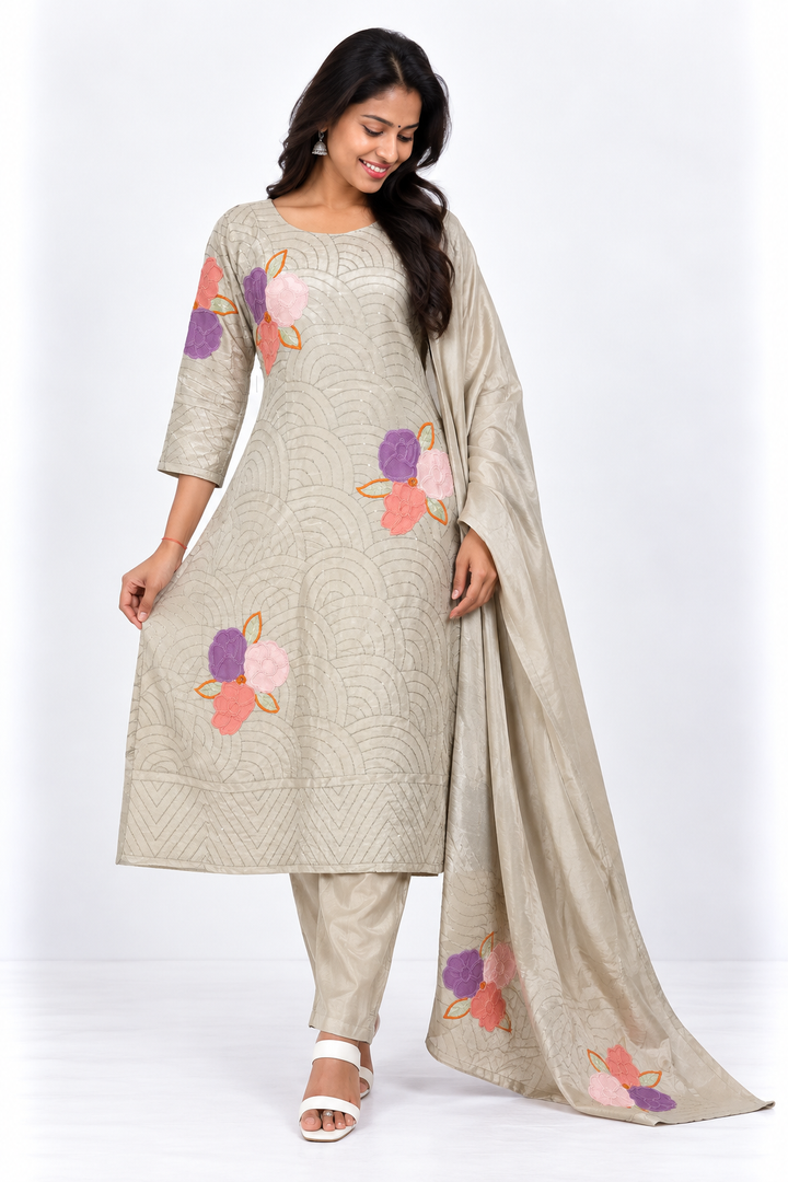 Grey-Green Floral A-Line Salwar Set