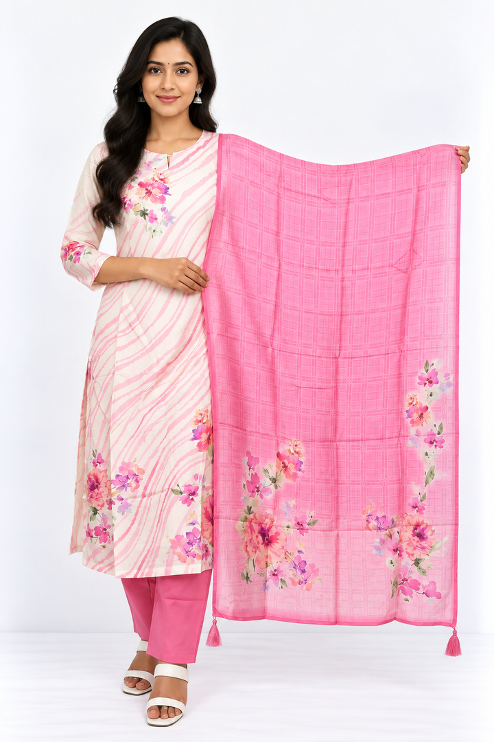 White Silk-Finish Floral Salwar Set