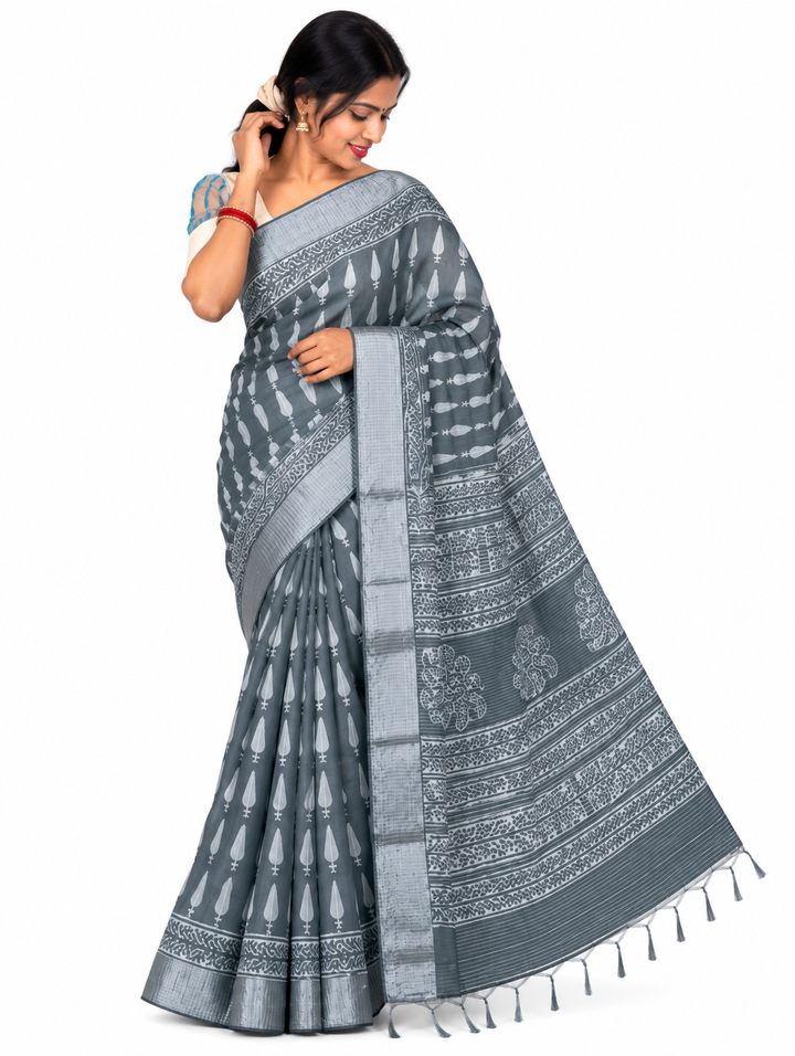 Grey Cotton Block-Print Saree