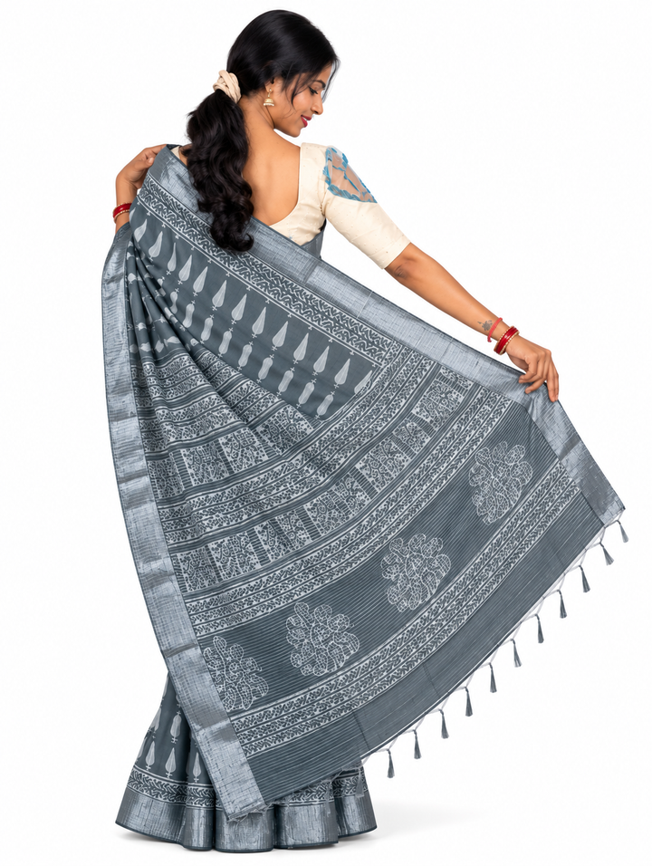 Grey Cotton Block-Print Saree